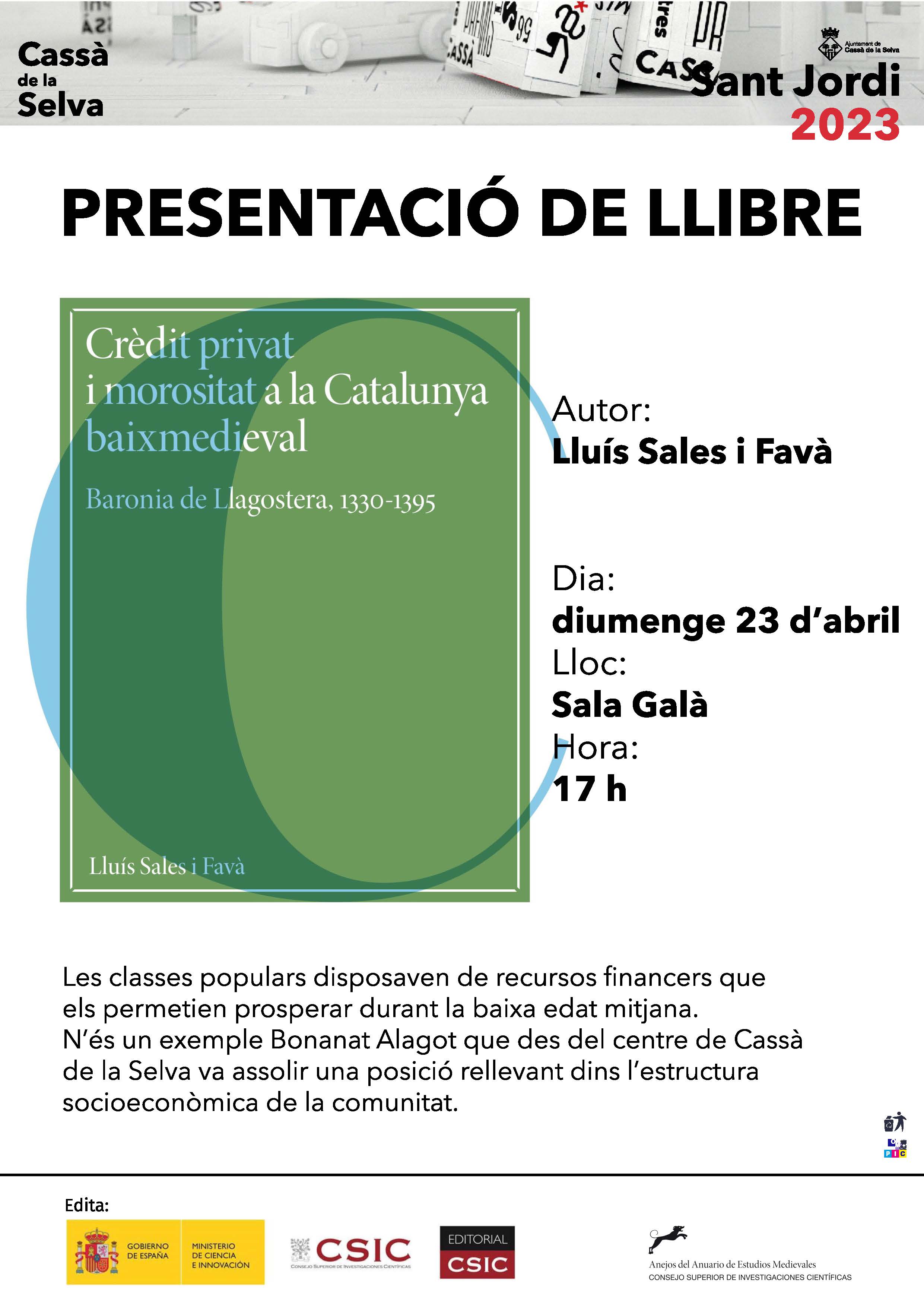 2023 04 23 Rètol Presentació LLibre Crèdit Privat i Morositat a la Catalunya Baixmedieval Sant Jordi 2023